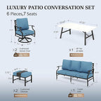 HERA'S HOUSE 6 Piece Patio Furniture Set, 2 x Swivel Cushioned Chair, 2 x Cushioned Ottoman, 1 x 3-Seat Sofa with Marbling Coffee Table, Outdoor Conversation Set for Lawn Garden Backyard, Navy Blue