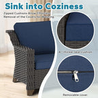 7 Pieces Outdoor Conversation Furniture Set - 77" Patio Sofa, 2 Swivel Rocker Chairs, 2 Ottomans, 1 Side Table, 1 Metal Table, Wicker Couch with Washable Cushions for Balcony (Navy Blue)