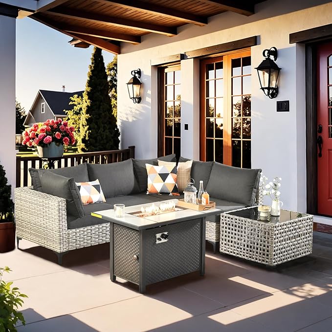 Outdoor Sectional Patio Furniture Set with Fire Pit Table and Glowing Table,6 Pieces Wicker Conversation Sets L Shaped Couch Out Door Sofa Set Outside Furniture for Garden Deck Yard,Black