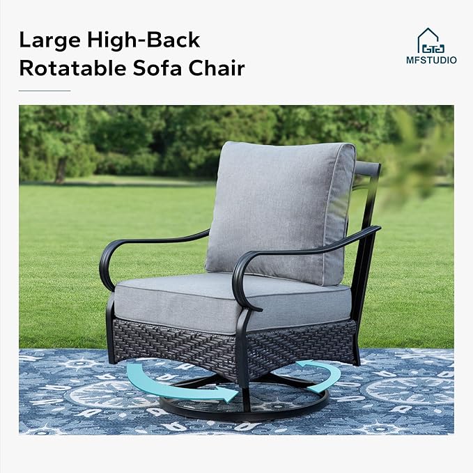 MFSTUDIO 4 Pieces Outdoor Patio Furniture Set, Metal Outdoor Conversation Set, Rattan Wicker Patio Sectional Set with 2 x Swivel Single Sofa, 3-Seat Sofa, 1 x Fire Pit Table, Grey