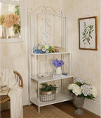 White 3-Layer Floral Plant Stand, French Style Tiered Shelf for Succulents Herbs, Ornate Iron Plant Display for Living Room Garden Decor