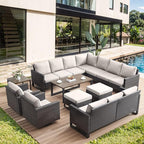 HUMMUH 10 Piece Patio Furniture Set PE Wicker 12-Seater Outdoor Sectional Sofa Set with Patio Swivel Chairs Dinning Table Ottomans for Porch,Garden,Backyard,Deck(Brown/Beige)