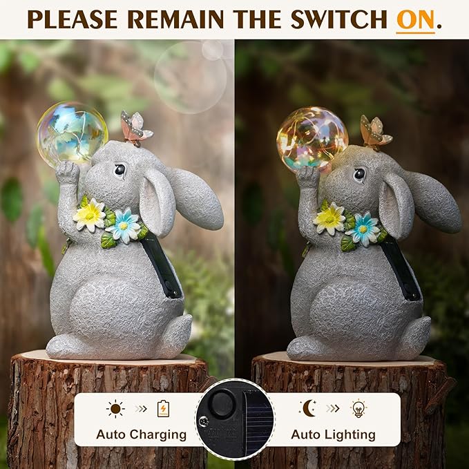 MININOVA Solar Garden Decor Lights Rabbit Statue with Bubble Ball Waterproof Decorations Cute Bunny Figurine for Outside Spring Yard Housewarming Mother Gifts for Women