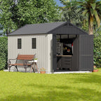 Patiowell 8 x 12 FT Plastic Outdoor Storage Shed with Floor, Resin Shed with Window and Lockable Door for Garden, Backyard, Tool Storage Use, Easy to Install in Beige (Kick-it Shed)