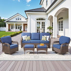 5 Pieces Patio Furniture Set Outdoor Sectional Sofa Couch with Rocking Swivel Chairs 5" Deep Seat Chairs, Modern Wicker Rattan Conversation Set, Blue/Brown Wicker