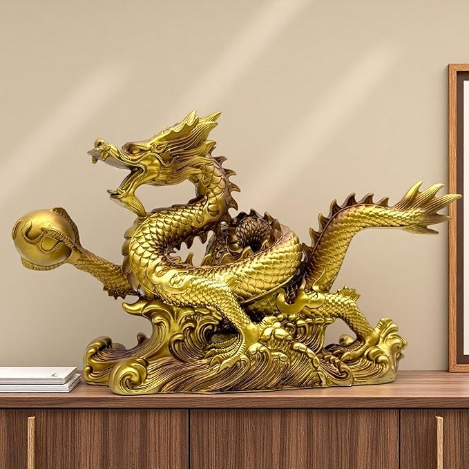 FUNSXBUG 13.6 INCH Chinese Feng Shui Dragon Statue Sculpture Resin Figurines FengShui Decor Home Office Desktop Tabletop Ornaments Decoration Good Lucky Gifts Gold
