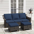 3 Pieces Outdoor Conversation Furniture Set - 77" Patio Sofa, 2 Rattan Wicker Ottomans, Patio Wicker Couch Set with Water-Resistant for Sunroom, Deck, Porch (Navy Blue)