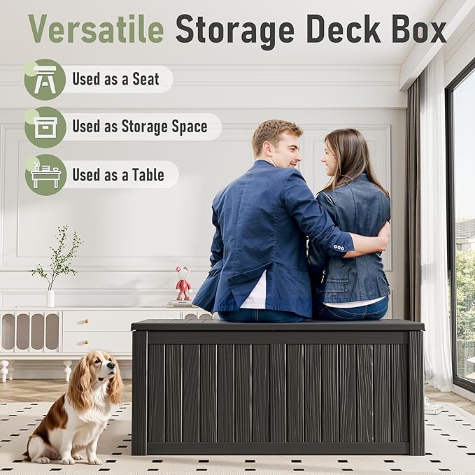 NUNU LAB 120 Gallon Outdoor Storage Box, Large Resin Deck Box with Lockable Lid, Waterproof Patio Storage Bench, Outdoor Cabinet for Garden Tools, Cushions & Pool Accessories