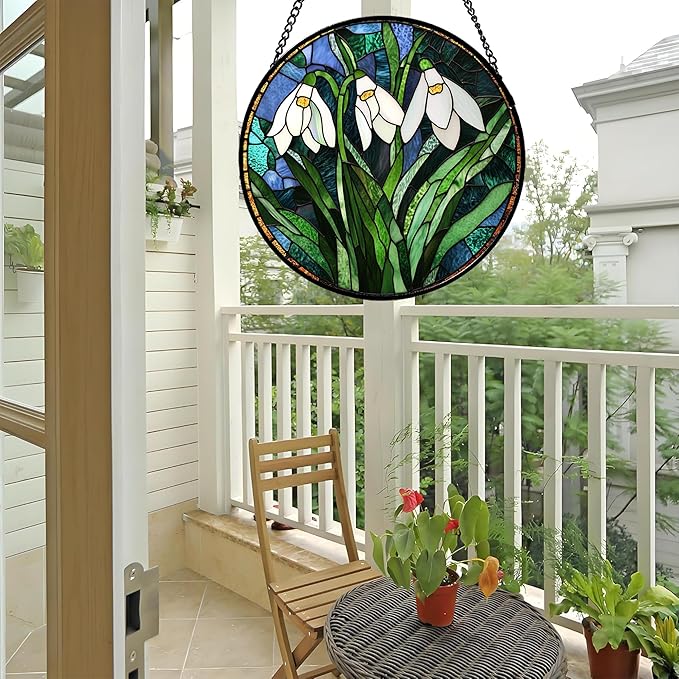 Stained Glass Window Hanging - Green Plants Birth Flowers Suncatcher for Doors Garden Patio Sun Catchers Decor Christmas Mother's Day Birthday Gifts for Women Men Mom Nana Friend 9.8 in