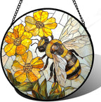 Stained Glass Window Hanging - Yellow Bees Gathering Flowers Sun Catcher for Door Garden Home Decor Cute Suncatcher Christmas Mother's Day Birthday Gifts for Women Men Mom Nana 7.8 in
