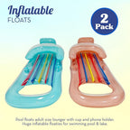 Pool Floats Adult Size Lounger with Cup Holder (2 Pack) Inflatable Floats for Swimming Pool Heavy Duty Lounger Floating Recliner Blow Up Floaties Water Floaty Lake Beach Tanning Float