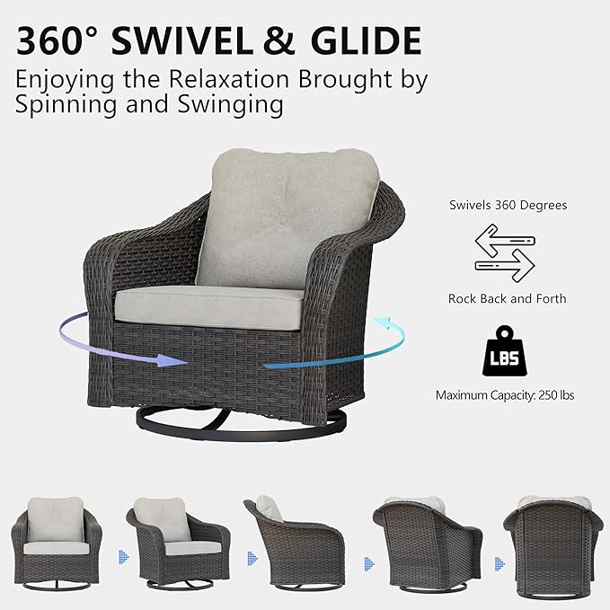 Wicker Swivel Rocking Chairs Set 2, Outdoor Brown Wicker Swivel Glider Chair Outdoor Rocking Chair with Water-Resistant Cushions, Beige