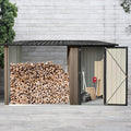 Firewood Rack Outdoor Metal Storage Shed,Two-in-one Function with Sloped Roof and Open Woodshed Design,Tall Door w/a Latch,Waterproof Building Organizer,for Motorcycle,Bicycles,Black+Brown