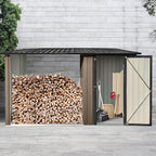 Firewood Rack Outdoor Metal Storage Shed,Two-in-one Function with Sloped Roof and Open Woodshed Design,Tall Door w/a Latch,Waterproof Building Organizer,for Motorcycle,Bicycles,Black+Brown