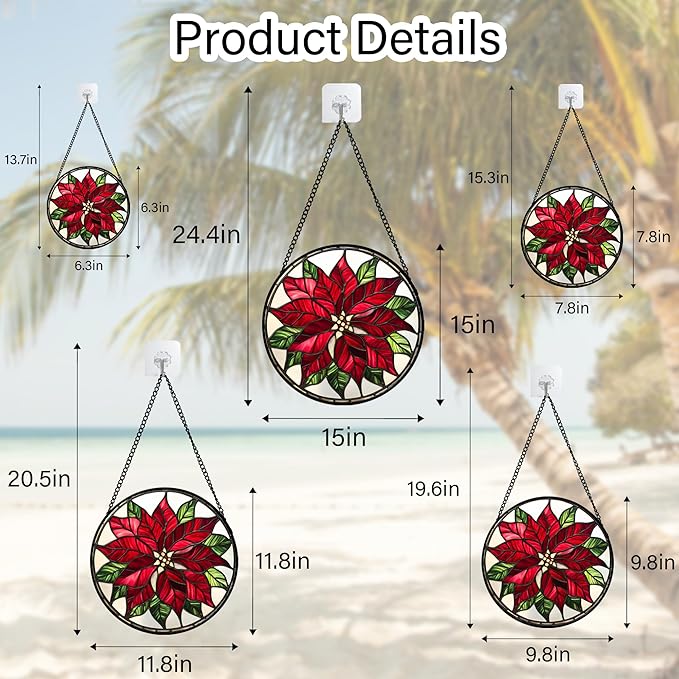 Stained Glass Window Hanging - Red Poinsettia Birth Flower Suncatcher for Door Garden Yard Sun Catchers Decor Christmas Mother's Day Birthday Gifts for Women Mom Nana Friend Men 7.8 in