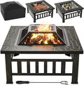Flamaker Outdoor Fire Pit 32 Inch Firepit Tables Backyard Mutifunctional Square Metal Stove Wood Burning with Cover Poker for Patio, Camping, Bonfire (Bronze)