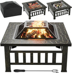 Flamaker Outdoor Fire Pit 32 Inch Firepit Tables Backyard Mutifunctional Square Metal Stove Wood Burning with Cover Poker for Patio, Camping, Bonfire (Bronze)