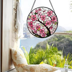 Stained Glass Window Hanging - Cherry Blossoms Birth Flower Suncatcher for Door Garden Patio Sun Catchers Decor Christmas Mother's Day Birthday Gifts for Women Mom Nana Friend Wife 7.8 in