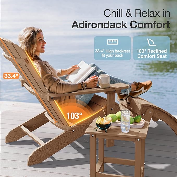 YEFU Adirondack Chairs Set of 8: Outdoor Chair HIPS Plastic Adirondack Chairs - Patio Chairs with Wood Texture - Lawn Fire Pit Deck Porch Garden Chairs for Adults (Teak)