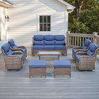 Rilyson Wicker Outdoor Patio Furniture Set - 8 Piece Patio Conversation Sets with Swivel Rocker Chairs, Ottomans, Sofa and Table, 6 inch Cushions, Deep Seating, for Porch Deck Brown/Blue