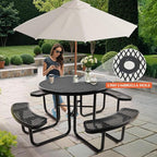 47'' Heavy-Duty Metal Picnic Tables with Umbrella Hole, Outdoor Steel Heavy Duty Commercial Grade Black Table, Outdoor Bench Set for Lawn, Patio, Park, Yard, Garden, Porch (Set A, Round)