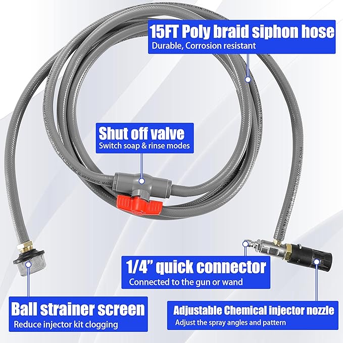 Adjustable Long Range Nozzle for Pressure Washer 2-2.5 GPM, Downstream Injection Spray Nozzle Kit, High Power Washing External Chemical Injector with 1/4” Quick Connect, 2000 to 3000 PSI