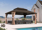 PURPLE LEAF 13' X 17' Outdoor Hardtop Gazebo Patio Wide Aluminum Frame Metal Double Roof with Heavy Duty Netting and Curtains for Permanent Hard Top Pavilion Screen Khaki
