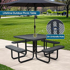 46Inch Square Picnic Table for 8 Person, Outdoor Heavy Duty Sturdy Picnic Tables with 4 Benches & Umbrella Hole, Commercial Metal Patio Picnic Table for Garden, BBQ, Coffee Store, Party, Porch (Black)