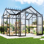 AMERLIFE 12x10x8 FT Hybrid Polycarbonate Greenhouse, Quick-Connect Aluminum Frame, Dual Roof Vents & Double Doors, Walk-in Backyard Greenhouse with Gutters, Black