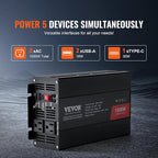 VEVOR Modified Sine Wave Inverter, 1500W Power Inverter DC 12V to AC 120V with 2 AC Outlets 2 USB Port 1 Type-C Port 6 Spare Fuses, for Small Home Devices Like Smartphone Laptop, CE FCC Certified
