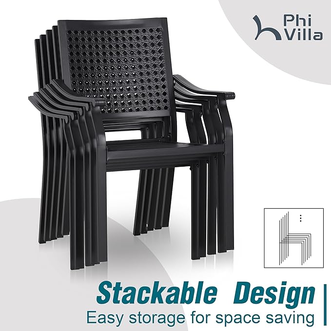 PHI VILLA 7 Pieces Patio Dining Set for 6 with 13ft Large Patio Umbrella, Metal Outdoor Stackable Wrought Iron Chair Set of 6 & 60"X38" Metal Dining Table,Market Table Dark Blue Umbrella