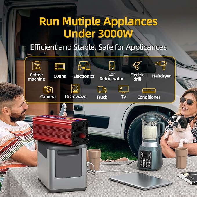 3000W Pure Sine Wave Inverter, 12V DC to 110V/120V AC Power Inverter for RV、Off Grid with 2 AC outlets and LCD Display
