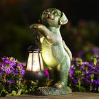 Dog Statue with Solar Lantern - 9.84 Inch Resin Solar Outdoor Lawn Yard Garden Decor - Unique Design Gifts for Women Mom Men (Copper)