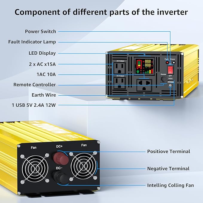 XWJNE 1200 Watt Pure Sine Wave Inverter 12V DC to 120V AC 2400W Peak Power with LED Display for RV Car Truck Off-Grid Solar Power