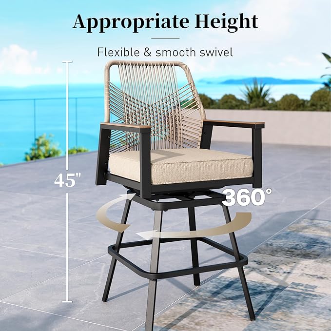Outdoor Swivel Bar Stools Set of 6, Rattan High Top Patio Chairs with Waterproof Cushion and Armrest, All-Weather Bar Height Furniture for Outside Patio Balcony and Pool, Beige