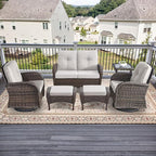 Outdoor Swivel Glider Rocker Chairs Set- 6 Piece Patio Furniture Set with A Glider Loveseat, Tempered Glass Side Table and 2 Ottoman, for Balcony, Porch - Brown Wicker, Beige Cushion