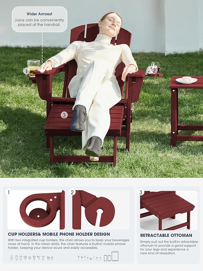 KINGYES Folding Adjustable Adirondack Chair with Ottoman & 2 Cup Holders Set of 2, HDEP Reclining Adirondack Chair with Footrest, Red