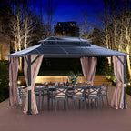 LeDoasis 10' X 13' Permanent Hardtop Gazebo, Outdoor Polycarbonate Double Roof Canopy with Breathable Netting & Privacy Curtain for Patio Backyard Garden Lawn Party