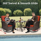 3 Pieces Patio Furniture Set, Outdoor Swivel Rocking Chair Set of 2 with Side Table - 360° Swivel, Thick Cushions, All-Weather Bistro Set for Deck, Porch, Pool(Red, Brown Full-Weave Rattan)