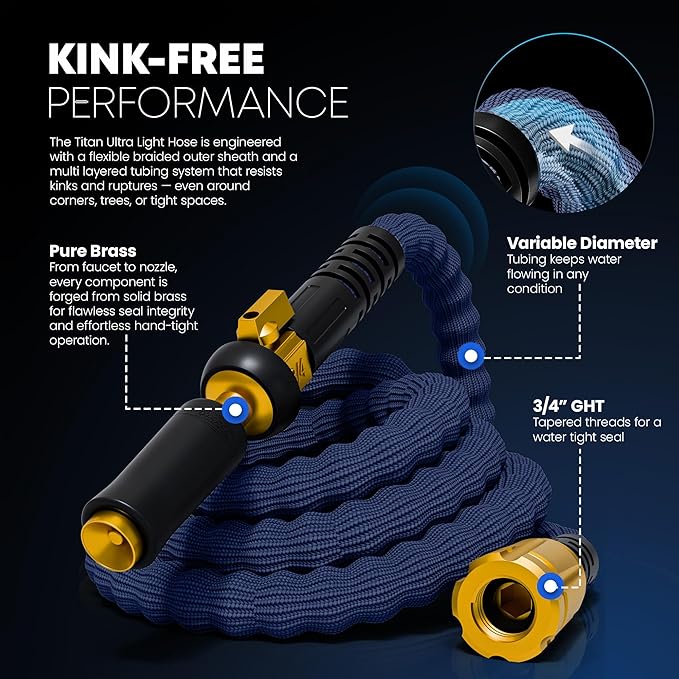 TITAN Flexible Garden Hose 10FT – Ultra Lightweight, Heavy Duty Water Hose with Brass Fittings & Jet Nozzle – Kink-Free, Non-Expanding, Durable Fabric Hose for Yard, Lawn, Car Wash, Outdoor Use