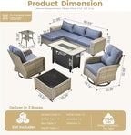 HOOOWOOO Outdoor Sectional Furniture Set with Fire Pit Table,9 Pieces Wicker Patio Conversation Sets,L Shape All Weather Outside Couch Sofa Set with Swivel Chairs Solar Light Table Ottoman,Denim Blue