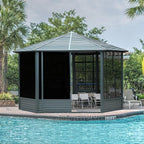 Domi 13x13FT Sunroom, Octagonal Solarium Aluminum Hardtop Gazebo with Galvanized Steel Roof, Detachable PE Screen, Sliding Door, Sun Room Pavilion Gazebo for Deck Backyard Garden
