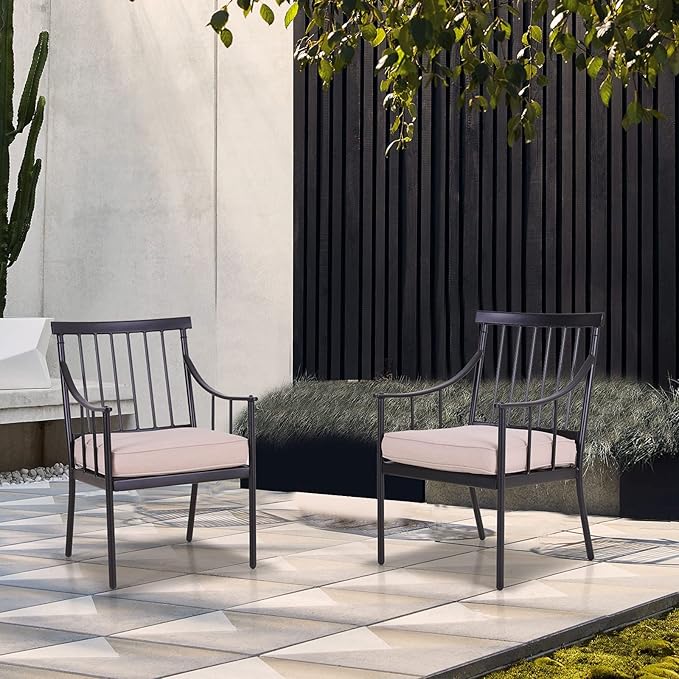PHI VILLA Outdoor Metal Dining Chairs with Cushion, 300lbs Black Heavy Duty Weatherproof Chairs for Patio, Deck, Yard - Set of 4