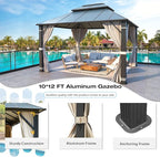 MELLCOM 10x12FT Hardtop Gazebo, Permanent Outdoor Aluminum Patio Gazebo with Aluminum Composite Double Roof for Patio Lawn and Garden, Curtains and Netting Included