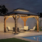 AMERLIFE 10x12 Wood Gazebo, Hardtop Gazebo with Spruce Frame and Aluminum Double Roof, Outdoor Pergola for Parties, Backyard, Patio, Lawns, Black + Natura Wood