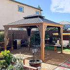 Domi 12' x 14' Hardtop Gazebo Permanent Aluminum Gazebo with Wood-Looking Frame, Galvanized Steel Double Roof, Curtains and Netting for Patio, Lawn, and Garden