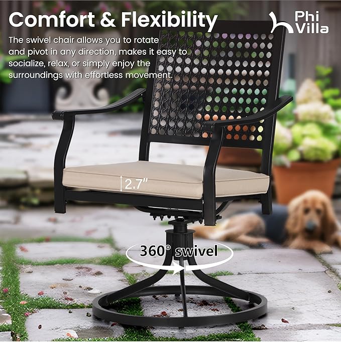 PHI VILLA Patio Swivel Dining Chairs Set of 6, Outdoor Kitchen Garden Metal Chair with Cushions, Patio Furniture Chair with Armrest, Black Frame