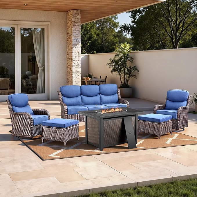 HUMMUH 6 Pieces Patio Furniture Set with Fire Pit High Back Outdoor Furniture Set 6-inch Cushions Wicker Patio Swivel Rocker Chairs for Balcony Garden,Lawn,Deck