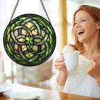Stained Glass Window Hanging, Abstract Green Clover Sun Catchers Colorful Glass Panel Bless Suncatcher Decor for Birthday for Women, Men, Wife, Aunt, and Mom 14.9x14.9 in