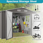 10x12 FT Outdoor Storage Shed, Large Metal Tool Shed with Peaked Roof and Lockable Door, Galvanized Steel Garden Shed with Clear Windows for Backyard Garden Patio Lawn, Gray